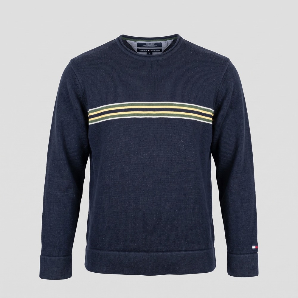 Tommy Hilfiger Mens Small Navy Blue Sweater Striped Crewneck Cotton Knit